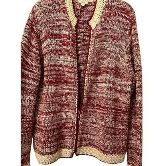 J.Jill‎ Cardigan M Women's Sweater Red Full Zip Warm Crochet Knit Cotton - Picture 2 of 6